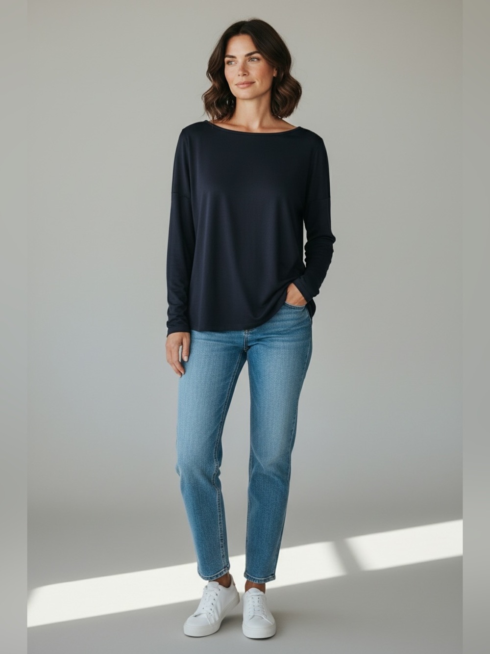 J Jill Women’s Size Small Long Sleeve Boat Neck Perfect Pima Bye Tee